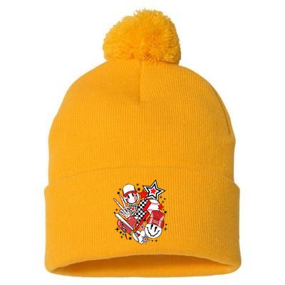 Retro Baseball Vibes Funny Smile Face Meme Pom Pom 12in Knit Beanie