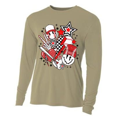 Retro Baseball Vibes Funny Smile Face Meme Cooling Performance Long Sleeve Crew