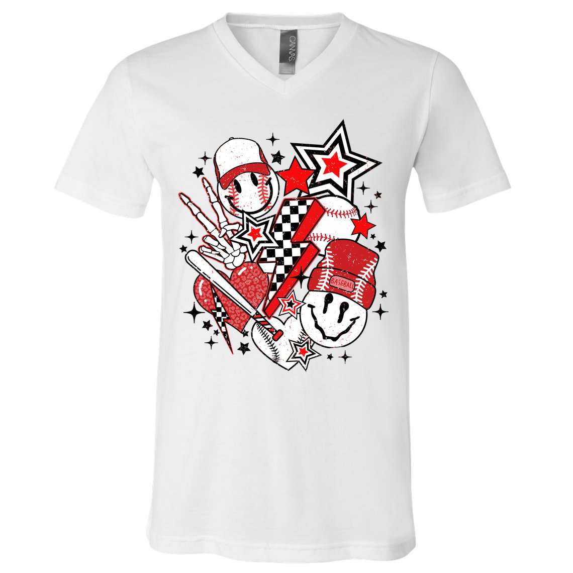 Retro Baseball Vibes Funny Smile Face Meme V-Neck T-Shirt