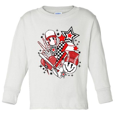 Retro Baseball Vibes Funny Smile Face Meme Toddler Long Sleeve Shirt