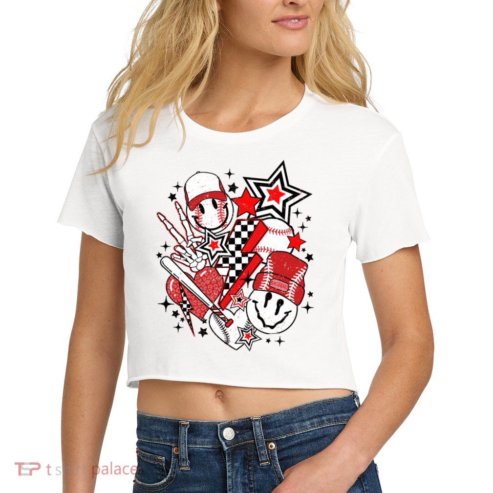 Retro Baseball Vibes Funny Smile Face Meme Crop Top