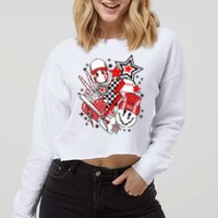 Retro Baseball Vibes Funny Smile Face Meme Cropped Pullover Crew
