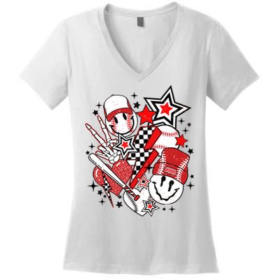 Retro Baseball Vibes Funny Smile Face Meme Women's V-Neck T-Shirt