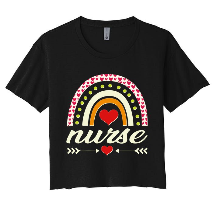 Retro Boho Valentine Day Nurse Heart Rainbow Women's Crop Top Tee