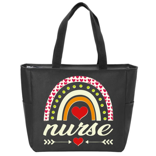 Retro Boho Valentine Day Nurse Heart Rainbow Zip Tote Bag