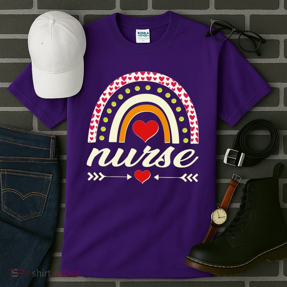 Retro Boho Valentine Day Nurse Heart Rainbow Tall T-Shirt
