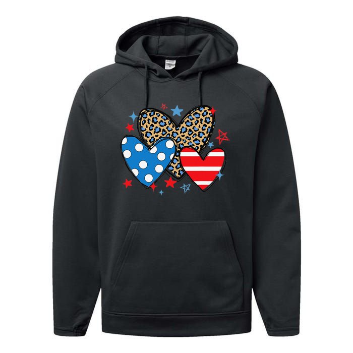 Red Blue White Heart Star Patriotic Happy 4th Of July Performance Fleece Hoodie