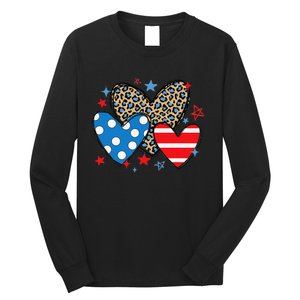 Red Blue White Heart Star Patriotic Happy 4th Of July Long Sleeve Shirt