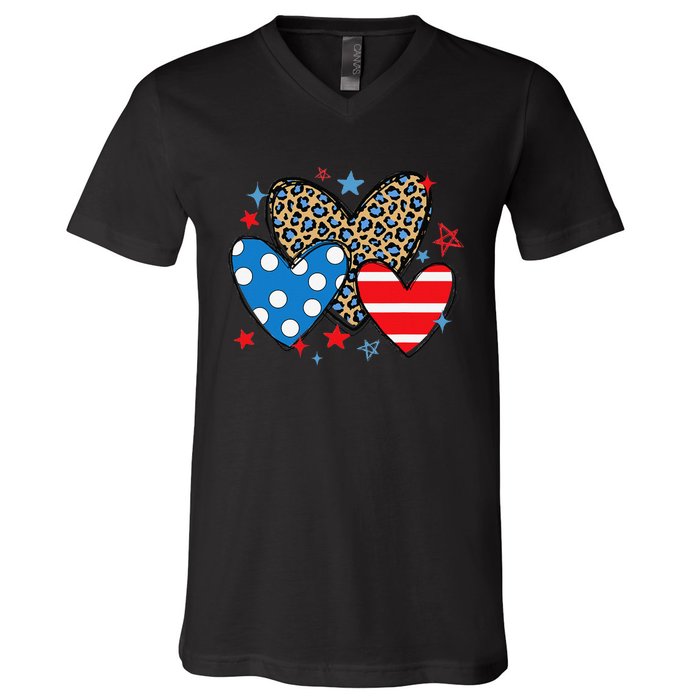 Red Blue White Heart Star Patriotic Happy 4th Of July V-Neck T-Shirt