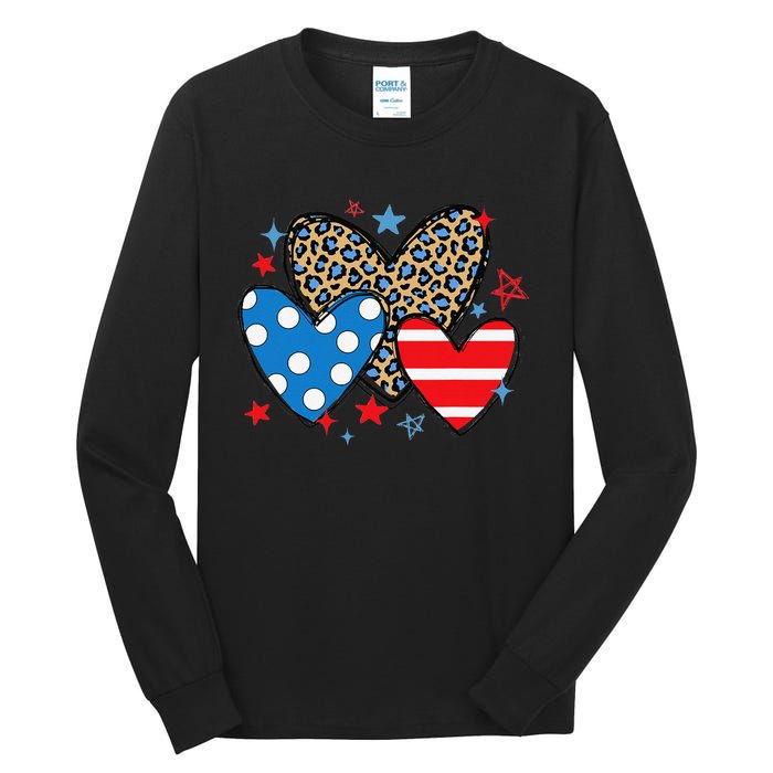 Red Blue White Heart Star Patriotic Happy 4th Of July Tall Long Sleeve T-Shirt