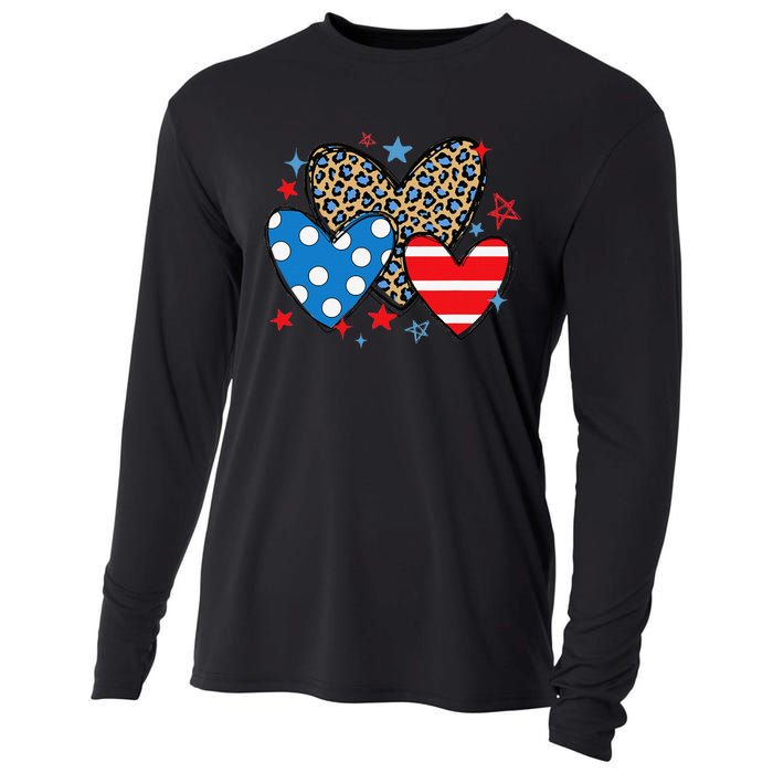 Red Blue White Heart Star Patriotic Happy 4th Of July Cooling Performance Long Sleeve Crew