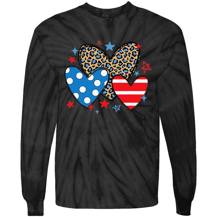 Red Blue White Heart Star Patriotic Happy 4th Of July Tie-Dye Long Sleeve Shirt