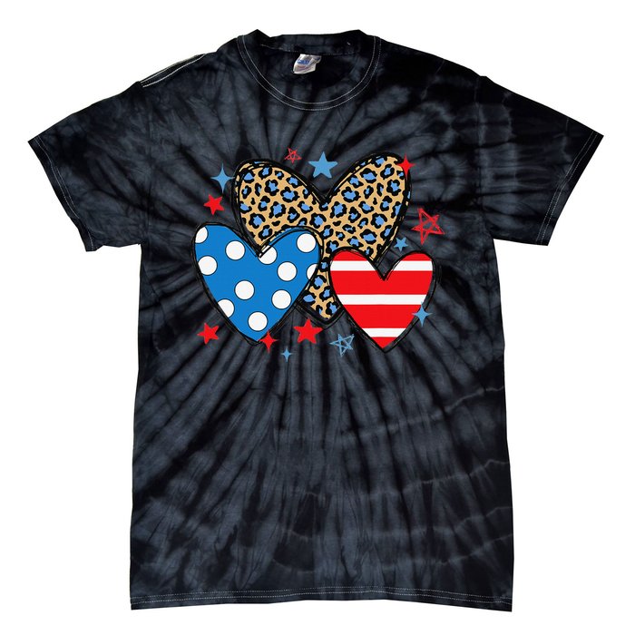 Red Blue White Heart Star Patriotic Happy 4th Of July Tie-Dye T-Shirt