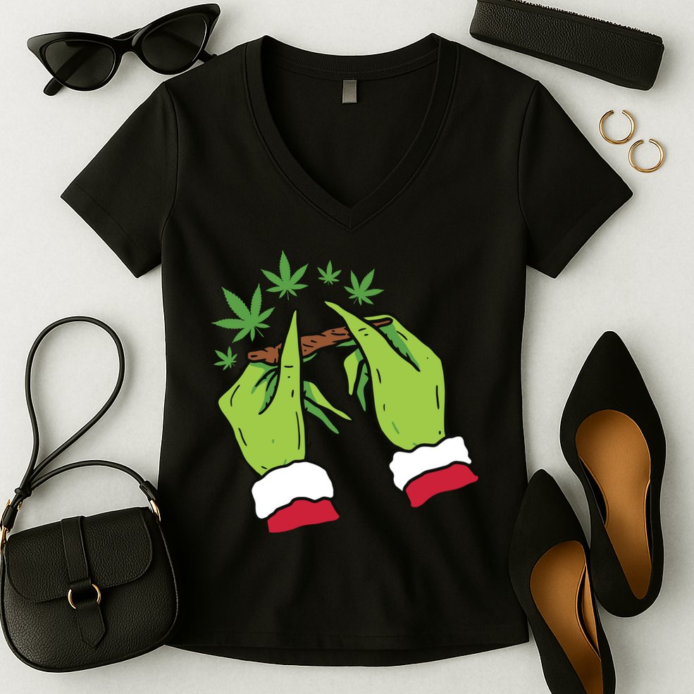 Rolling Blunt Weed Funny Christmas Xmas Holiday Trending Women's V-Neck T-Shirt