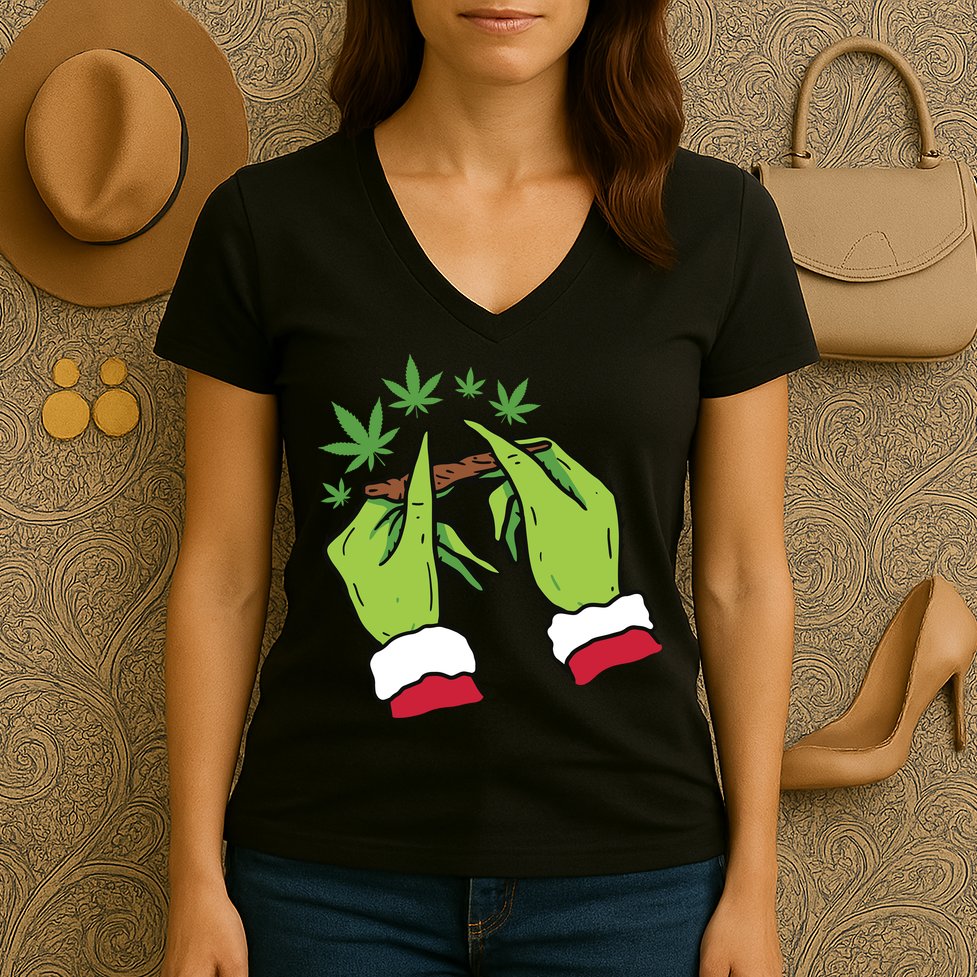 Rolling Blunt Weed Funny Christmas Xmas Holiday Trending Women's V-Neck T-Shirt