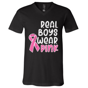 Real Boy Wear Pink Ribbon Cute Breast Cancer Awareness Kids V-Neck T-Shirt