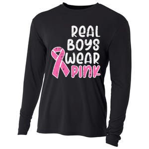 Real Boy Wear Pink Ribbon Cute Breast Cancer Awareness Kids Cooling Performance Long Sleeve Crew