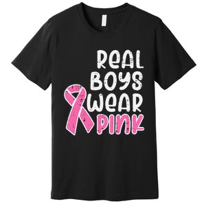 Real Boy Wear Pink Ribbon Cute Breast Cancer Awareness Kids Premium T-Shirt