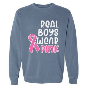 Real Boy Wear Pink Ribbon Cute Breast Cancer Awareness Kids Garment-Dyed Sweatshirt