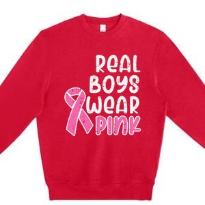 Real Boy Wear Pink Ribbon Cute Breast Cancer Awareness Kids Premium Crewneck Sweatshirt