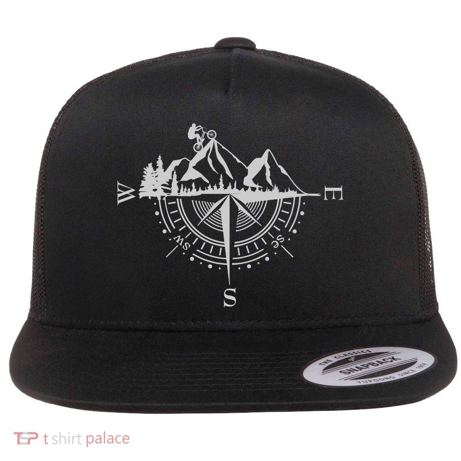 Retro Bicycle With Compass And Mountains Cycling Gift Flatbill Hat