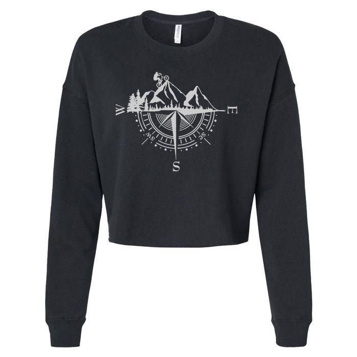 Retro Bicycle With Compass And Mountains Cycling Gift Cropped Pullover Crew
