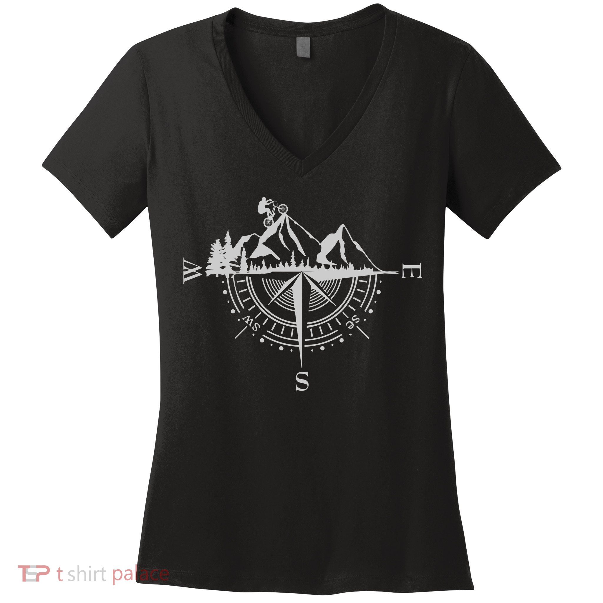 Retro Bicycle With Compass And Mountains Cycling Gift Women's V-Neck T-Shirt