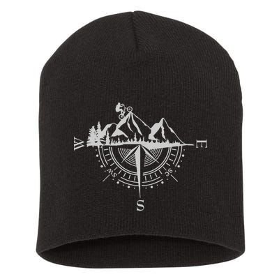 Retro Bicycle With Compass And Mountains Cycling Gift Short Acrylic Beanie