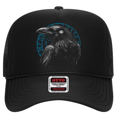 Raven Bird With Viking Rune High Crown Mesh Back Trucker Hat