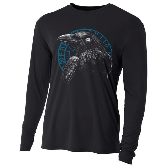 Raven Bird With Viking Rune Cooling Performance Long Sleeve Crew