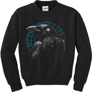 Raven Bird With Viking Rune Kids Sweatshirt