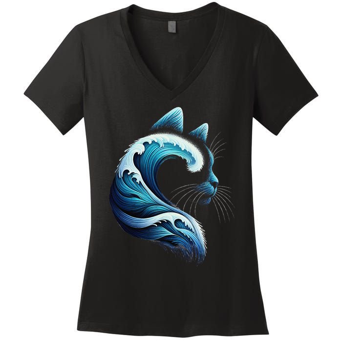 Retro Blue Wave Of Cat Ladies Blue Cats Wave For Kamala Gift Women's V-Neck T-Shirt