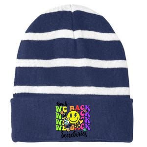 Retro Bruh We Back Secretary School Secretary Back To School Striped Beanie with Solid Band