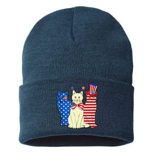 Red Blue White Cat American Flag Patriotic Tee Plus Size Sustainable Knit Beanie