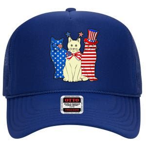 Red Blue White Cat American Flag Patriotic Tee Plus Size High Crown Mesh Back Trucker Hat