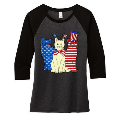 Red Blue White Cat American Flag Patriotic Tee Plus Size Women's Tri-Blend 3/4-Sleeve Raglan Shirt