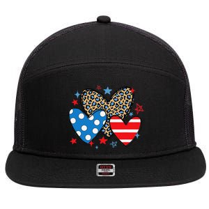 Red Blue White Heart Star Patriotic Happy 4th Of July 7 Panel Mesh Trucker Snapback Hat