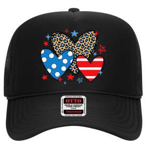 Red Blue White Heart Star Patriotic Happy 4th Of July High Crown Mesh Back Trucker Hat