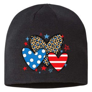 Red Blue White Heart Star Patriotic Happy 4th Of July Sustainable Beanie