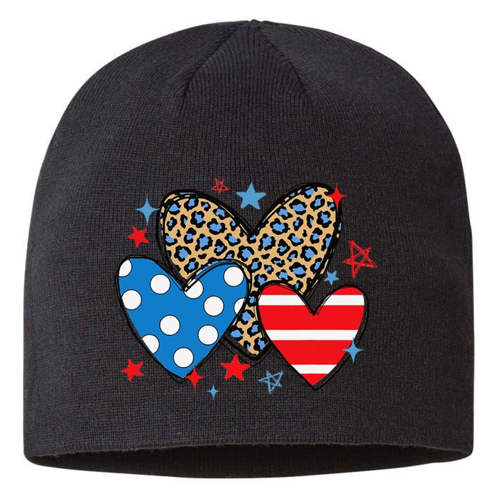 Red Blue White Heart Star Patriotic Happy 4th Of July Sustainable Beanie