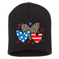 Red Blue White Heart Star Patriotic Happy 4th Of July Short Acrylic Beanie