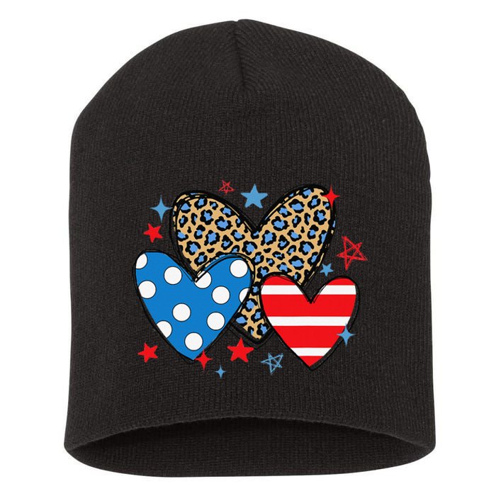 Red Blue White Heart Star Patriotic Happy 4th Of July Short Acrylic Beanie