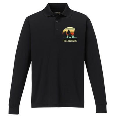 Retro Bigfoot Yeti Silhouette I Pee Outside Sasquatch Performance Long Sleeve Polo