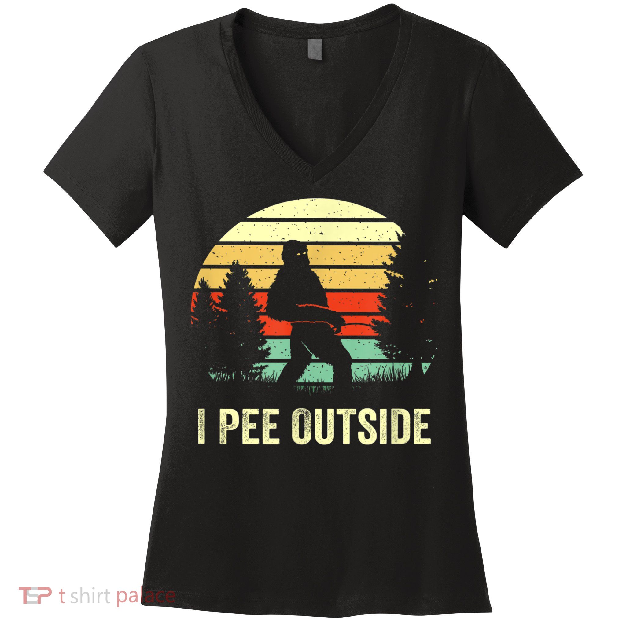 Retro Bigfoot Yeti Silhouette I Pee Outside Sasquatch Women's V-Neck T-Shirt