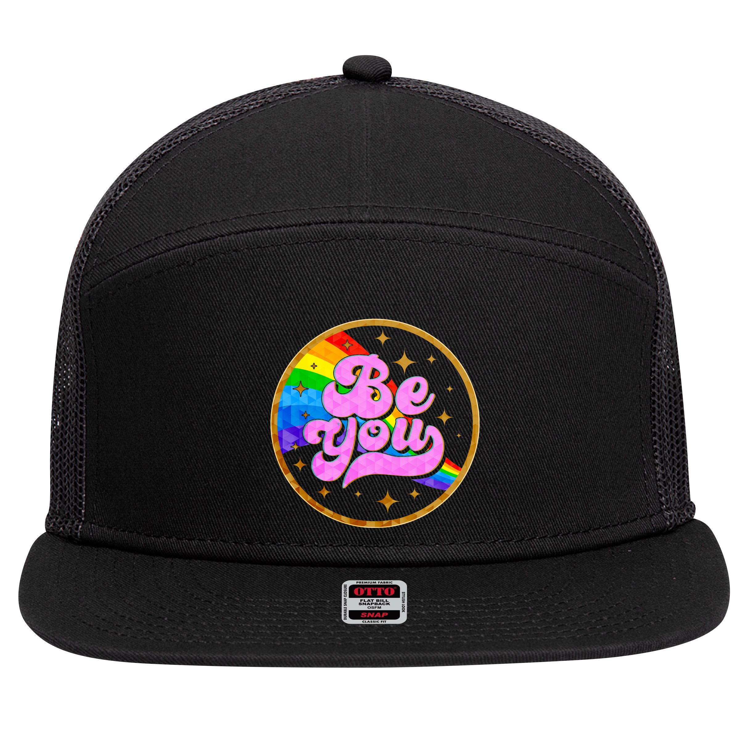 Retro Be You Rainbow Emblem 7 Panel Mesh Trucker Snapback Hat