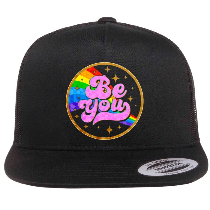 Retro Be You Rainbow Emblem Flat Bill Trucker Hat