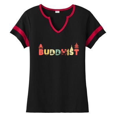 Retro Buddha Zen Gift Vintage Buddhism Buddhist Gift Ladies Halftime Notch Neck Tee