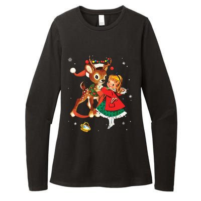 Retro Christmas 1950s Girl Reindeer Vintage 50s Xmas Womens CVC Long Sleeve Shirt