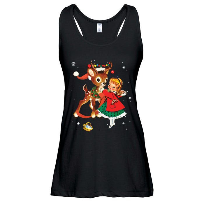 Retro Christmas 1950s Girl Reindeer Vintage 50s Xmas Ladies Essential Flowy Tank