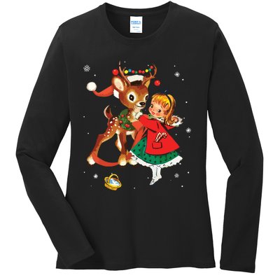 Retro Christmas 1950s Girl Reindeer Vintage 50s Xmas Ladies Long Sleeve Shirt